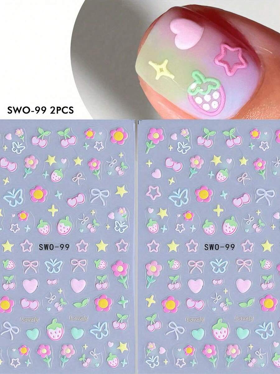 2 Sheets Sweet Element 3D Matte Nail Art Stickers - Kawaii Cherry Strawberry Star Heart Bow Butterfly Floral Designs, Self-Adhesive Plastic Decals For Women & Girls, Y2K Style Manicure & Pedicure Decorations, Easy Apply Decals, Nail Stickers - 彩色 - 查看 1