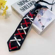 1pc Shiny Polyester Tie For Women, Vintage French Elegant Pearl Lace Tie, Unique Design With Crystal Decor, Suitable For Party, Suit & Bow Tie Matching - Black Background With Red and White Laces - View 8