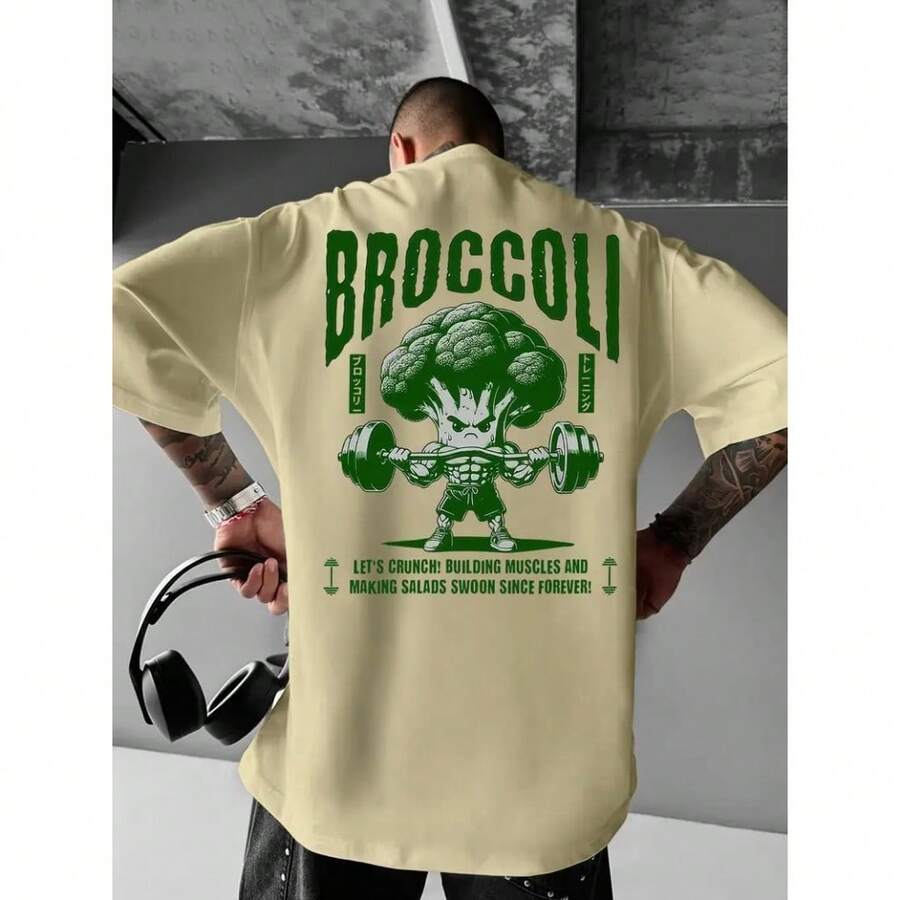 100% Cotton T-Shirt Broccoli Gym Workout Vegetable Streetwear - Rượu sâm banh - Xem 1