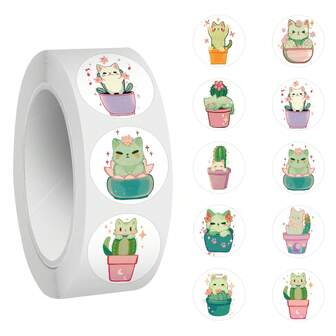 500 st söta kattkaktusklistermärken i rulle, klistermärken för högtidsfester, vuxenspel, godis, klassrumspyssel, gåvor, använd koppar, leksaker, pappersskurna fönsterdekorationer, bilar, laptop, vattenflaska, mobiltelefon, skateboard, bagage