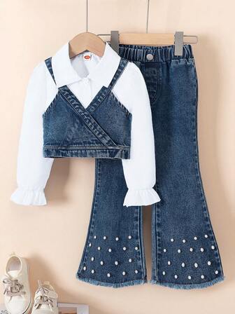 3pcs/Set Girls Solid Color Long Sleeve Shirt + Fashionable Denim Suspender Vest + Fashionable Studded Denim Pants