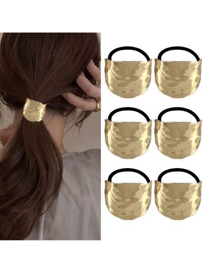 1pc Elegant Metal Geometric Textured Hair Tie, Minimalist Chic Ponytail Holder, Versatile Hair Accessory, Suitable For Eid, Mother's Day, Pride Month, Back To School, Easter Gifts