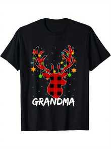 Men'S Funny Christmas Graphic T-Shirt - Buffalo Plaid & Reindeer Grandma Design with "GRANDMA" Text - 180g 100% Cotton Long Sleeve Casual Tee - Holiday Party Shirt for Men - All-Season Comfort Fit, Christmas T Shirt, Festive Casual Attire, Playful Holiday Design, Comfortable Fit, Durable Print Quality, Christmas Shirts, Highquality Fabric, Adult Men - Negro - Ver 2