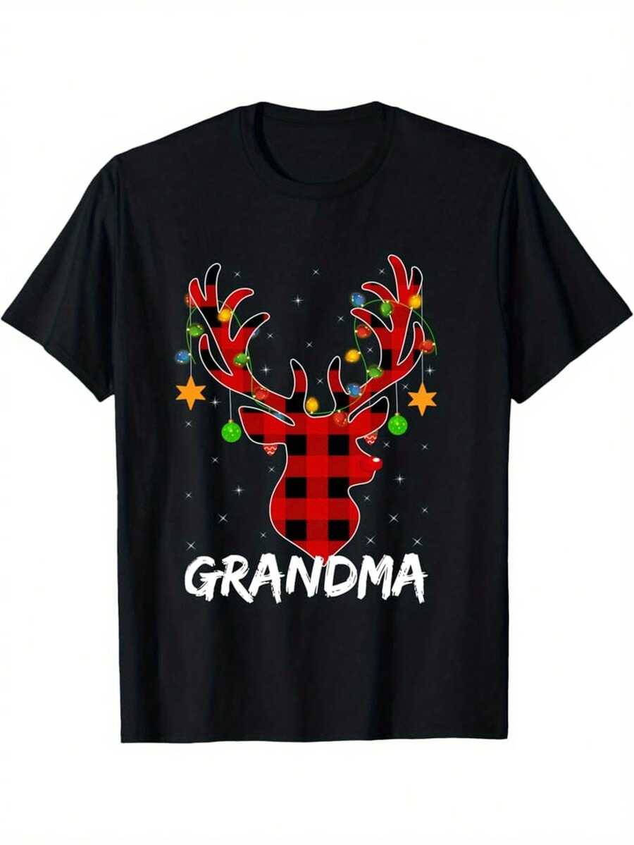 Men'S Funny Christmas Graphic T-Shirt - Buffalo Plaid & Reindeer Grandma Design with "GRANDMA" Text - 180g 100% Cotton Long Sleeve Casual Tee - Holiday Party Shirt for Men - All-Season Comfort Fit, Christmas T Shirt, Festive Casual Attire, Playful Holiday Design, Comfortable Fit, Durable Print Quality, Christmas Shirts, Highquality Fabric, Adult Men