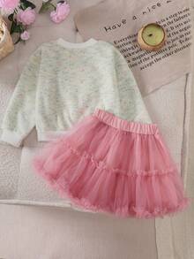 2 Peças Conjunto de Vestido Princesa para Meninas Jovens com Top de Manga Longa Tricotada com Decoração Floral 3D e Coração, Camiseta Fofa e Saia de Tule Camadas, Conjunto de Roupa Doce para Outono/Inverno