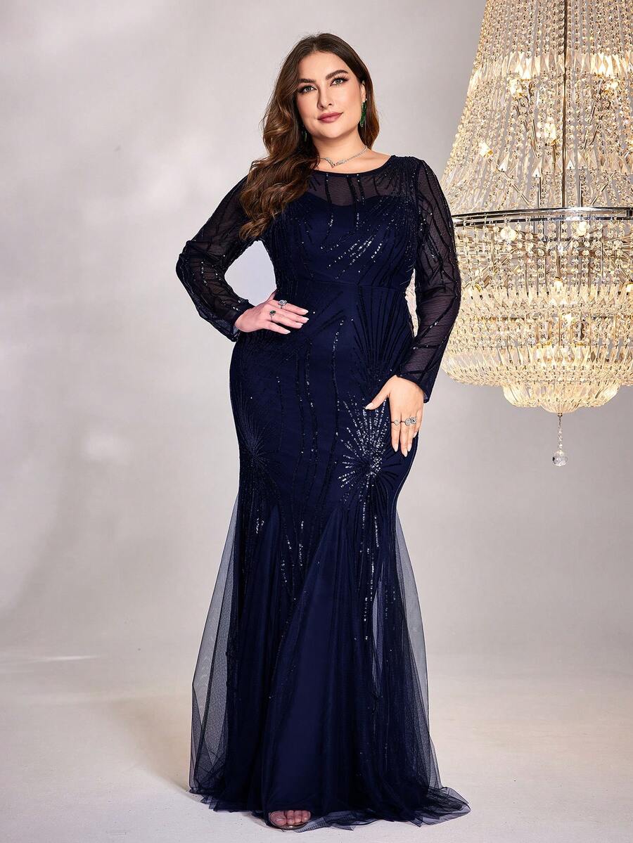 XUIBOL cỡ lớn chất liệu sequin đàn hồi cao cấp, rất thoải mái khi mặc, phù hợp với nhiều kiểu trang phục cơ thể khác nhau, với thiết kế độc đáo, cổ tròn dài tay ôm vừa vặn, viền đuôi cá, màu trơn, váy dài thanh lịch và sang trọng cho phái nữ, giúp phụ nữ trẻ trung và quyến rũ hơn, phù hợp với nhiều bữa tiệc, lễ tốt nghiệp, đám cưới, sự kiện và nhiều tiệc chiêu đãi và tiệc khiêu vũ, váy dạ hội trang trọng dành cho phụ nữ, váy dạ hội, váy phù dâu của mẹ (phong cách thời trang và hợp thời trang năm 2025) váy dự tiệc cưới buổi tối, váy dự tiệc tối - Màu xanh hải quân - Xem 1