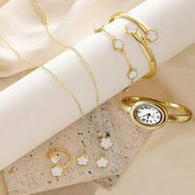 Bộ 6 món đồng hồ nữ, đồng hồ đeo tay sang trọng kiểu cổ điển nhỏ nhắn. Bao gồm vòng cổ, vòng tay, nhẫn và bông tai họa tiết hoa tối giản làm quà tặng. - Vàng - Xem 4