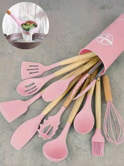 Juego de 12 utensilios de cocina de silicona - Resistente al calor hasta 230°C, espátula, pinzas, cuchara, cepillo, batidor, accesorios con mango de madera y soporte para utensilios de cocina antiadherentes, duraderos