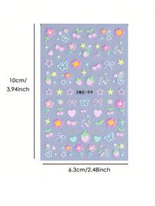 2 Sheets Sweet Element 3D Matte Nail Art Stickers - Kawaii Cherry Strawberry Star Heart Bow Butterfly Floral Designs, Self-Adhesive Plastic Decals For Women & Girls, Y2K Style Manicure & Pedicure Decorations, Easy Apply Decals, Nail Stickers - 彩色 - 查看 9