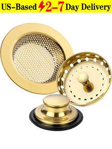 [US-Based Shipping]Three-Piece Kitchen Sink Drain Strainer Set, Stainless Steel Handle Garbage Disposal Plug, Universal Anti-Clog Kitchen Sink Strainer Basket, Kitchen Sink Drain Strainer Set, Universal Anti-Clog Stainless Steel Handle Garbage Disposal Plug, Perforated Strainer Basket, Fits Standard 3.5-Inch Drain Opening  Kitchen Sink Accessories, Garbage Disposal, Splash Guard, 3.4-Inch Sink Drain Strainer And Plug  Kitchen Drain Strainer, Stainless Steel Sink Accessories, Sink Drain Plug, Drain Cover, Stainless Steel Garbage Disposal Plug (Gold) - 彩色 - 查看 12