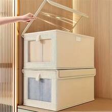 1/2pcs Uncovered/Covered Fabric Foldable Transparent Window Clothing Storage Box, Drawer Style Jeans Organizer Box For Home - Beige With Lid - View 8