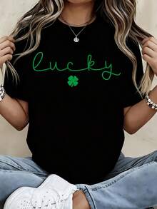 Lucky Shamrock Print Crewneck T Shirt Women Casual Short Sleeve Top St Patrick Day Clothing Green Lettering Design Comfortable Loose Fit White Tee For Women - 黑色 - 查看 1