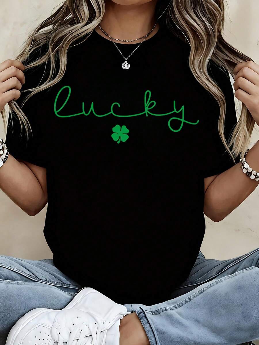 Lucky Shamrock Print Crewneck T Shirt Women Casual Short Sleeve Top St Patrick Day Clothing Green Lettering Design Comfortable Loose Fit White Tee For Women - 黑色 - 查看 1