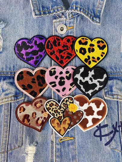 1 Set Of 3/9pcs Leopard Spotted Heart Embroidery Patch Valentine's Day Romantic Speckle Heart-Shaped Cute Couple Polyester Badge Applique DIY Clothing Iron On Patches Sew Accessory Cloth Stickers Suitable For Backpacks, Jeans, Jackets, T-Shirts, Hats, Dresses, Etc