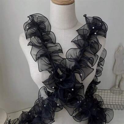 1卷/1米 12厘米 密褶珠饰薄纱蕾丝缎带，花艺包装缎带，闪亮珍珠波浪欧根纱缎带