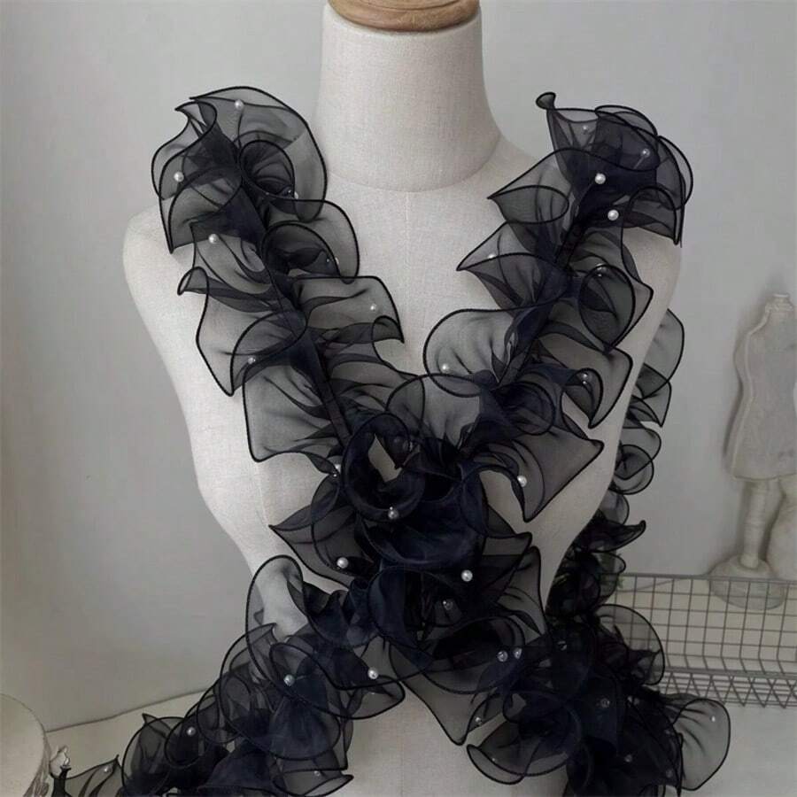 1卷/1米 12厘米 密褶珠饰薄纱蕾丝缎带，花艺包装缎带，闪亮珍珠波浪欧根纱缎带 - 黑色 - 查看 1