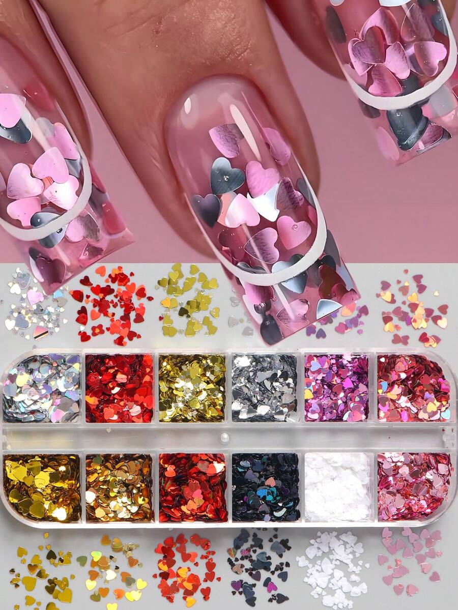 12片装闪亮迷你心形亮片美甲贴纸，红色、粉色、金色、银色，水晶闪片，3D全息激光闪光美甲装饰，混合尺寸，适合婚礼美甲 - 彩色 - 查看 1