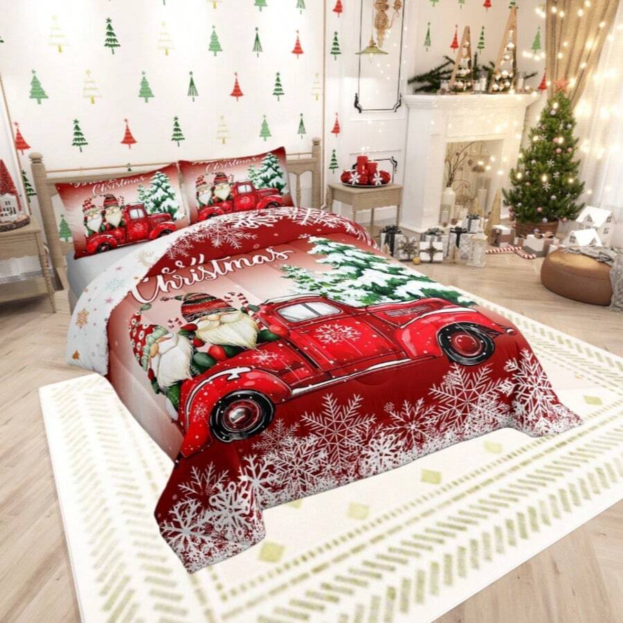 Castle Fairy Christmas Truck Comforter Set Queen/King Size Santa Pine Snowflake Bedding Set Adults Bedroom/Xmas Decor New Year Holiday Retro Comforter Red Romantic Bedding Set 3pcs 2 Pillowcases - 紅色白色綠色 - 查看 1