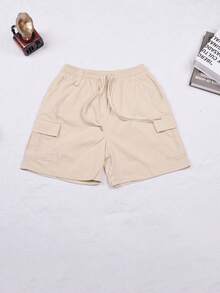 Street Style White Contrast Color Drawstring Elastic Waist Flap Pocket Straight Leg Casual Cargo Shorts, Spring Summer - 杏色 - 查看 7