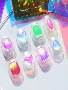 11sheets 3D Aurora Foil Laser Nail Art Stickers,Summer Glass Paper Nail Art Stickers Iridescent Cellophane Nail Designs Stickers Holographic Film Nail Art Decoration For Women Girls At Home DIY Nails Nail Supplies - 彩色 - 查看 4