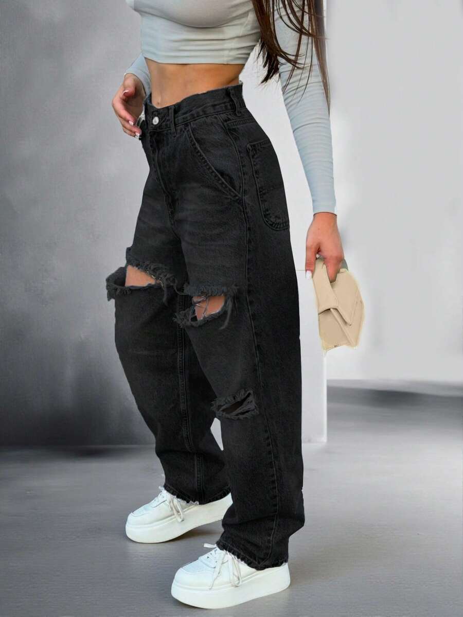 NVFelix Quần jeans nữ dáng suông rách mới năm 2026, kiểu dáng vintage, thanh lịch và thời trang, phong cách ngoài trời Y2K, chất liệu không co giãn, phù hợp cho trang phục thường ngày mùa xuân/hè, màu đen.