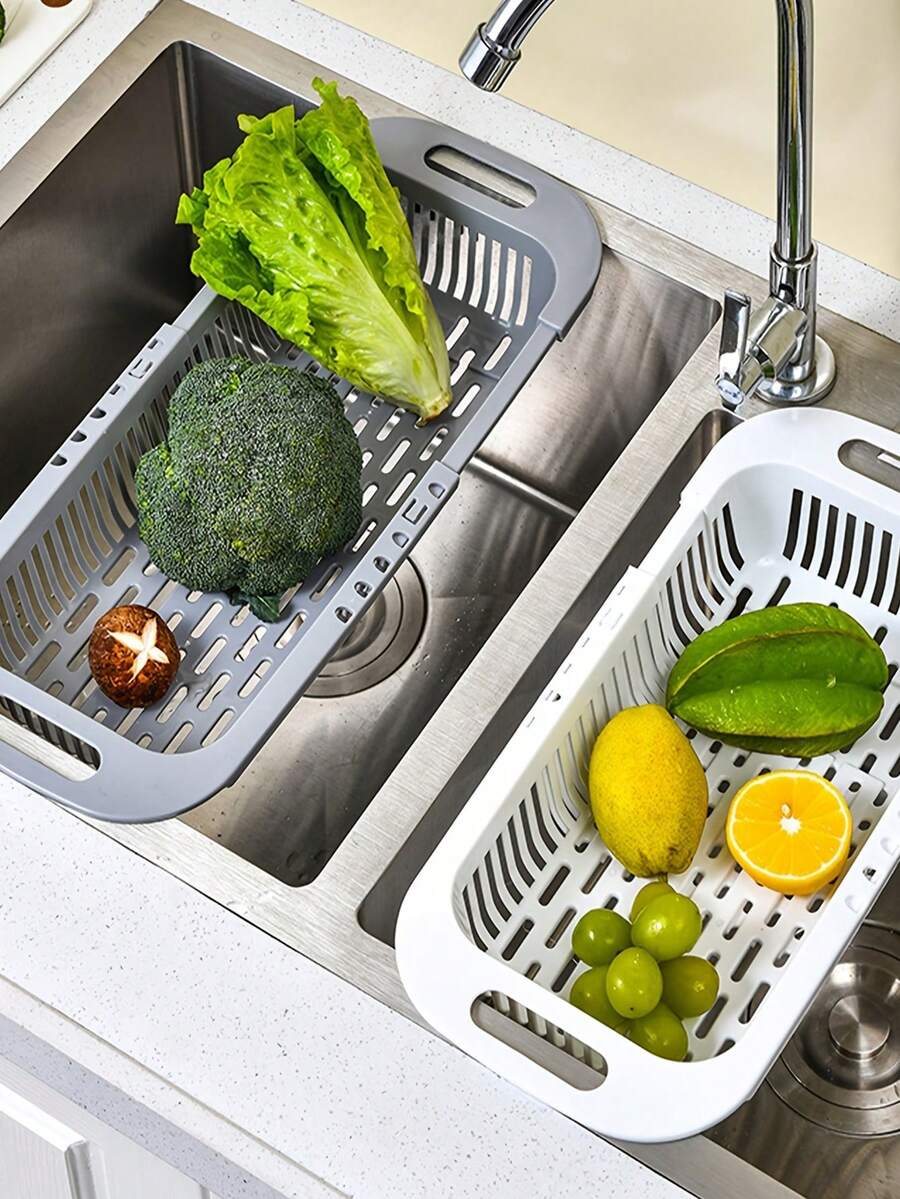 1个家用塑料储物架，可伸缩碗碟架，水槽收纳架，可伸缩沥水篮，双层蔬菜清洗篮，碗碟沥水架