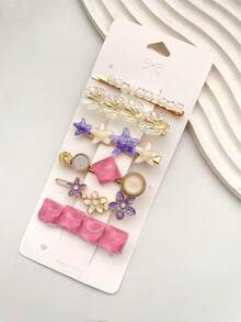 1個5件套適用於女性的鑽石和珍珠瀏海卡子,側夾和頂夾,精美、甜美和高檔,適合日常使用的髮飾和頭飾 - 紫色 - 查看 4