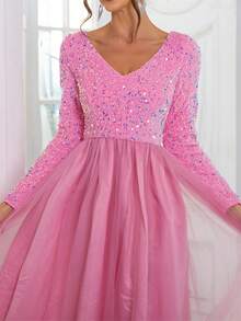 Romagic Váy dạ hội đính sequin lãng mạn, váy maxi chữ A, váy lưới chắp vá màu hồng, váy dự tiệc cưới cổ chữ V tay dài - Hồng - Xem 6