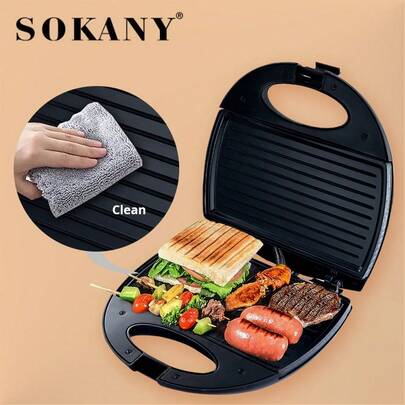 SOKANY 102 Multi-Function Sandwich Maker, 3-In-1 Grill, Panini Press, Breakfast Maker. Powerful, With Indicator Light, Complete Baking Plate, Double-Sided Constant Temperature Heating, Non-Stick Coating, Easy To Clean, Heat-Resistant Handle. Ideal For Homemade Sandwiches, Fried Eggs, Steak, And More. Kitchen Appliance