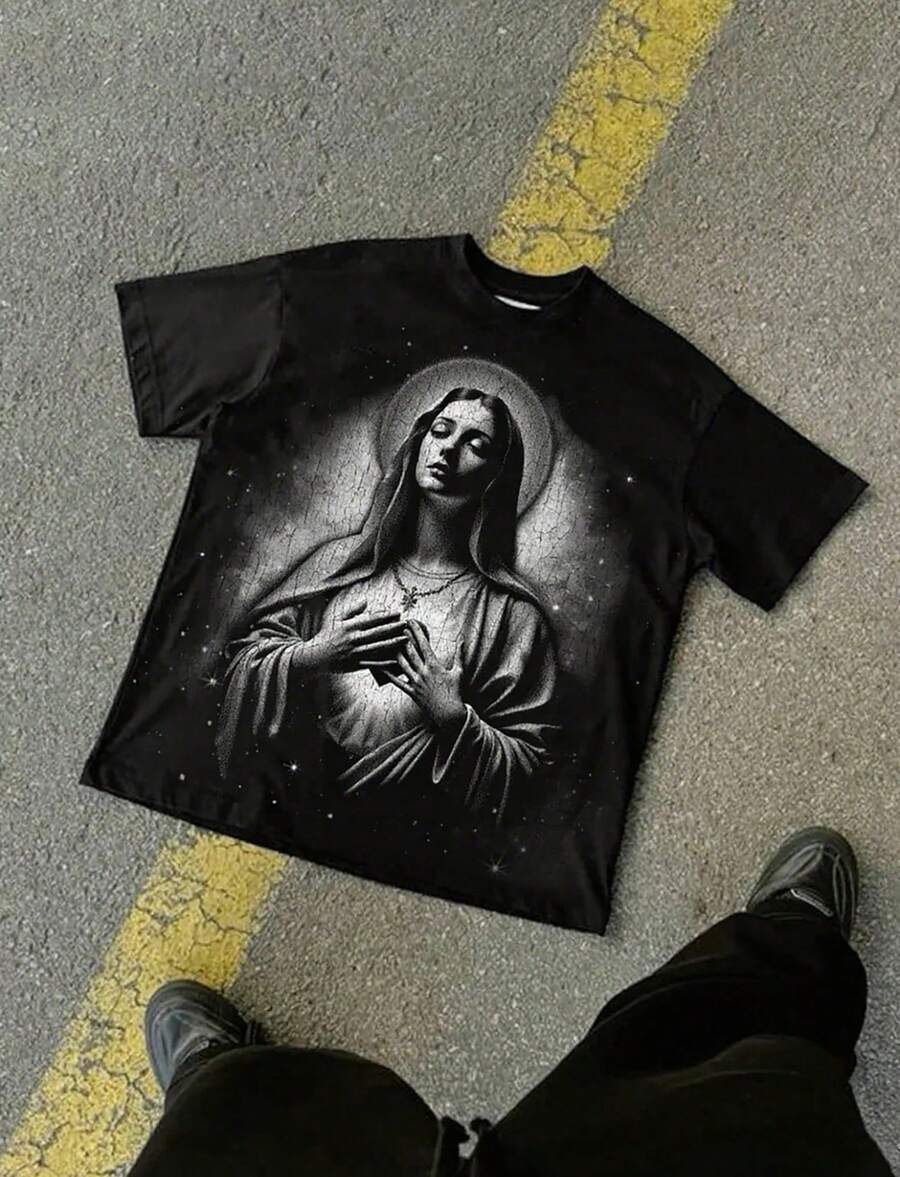 2025 Graphic T-Shirt Mens Cotton Printed Loose Fitting Shirt For Street Style (68) - 黑色 - 查看 1