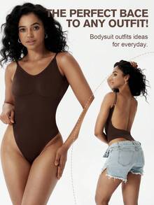 1pc Women's Seamless Backless Bodysuit With Tummy Control - Brown - View 8