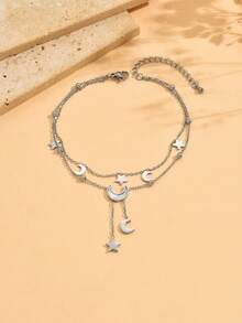 1pc Delicate Multi-Layer Star & Moon Pendant Anklet, Versatile Elegant Playful Beach Holiday Essential, Suitable For Gifts And Personal Use