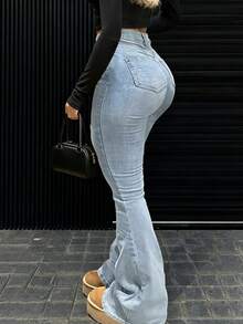 GILIPUR New Light Blue Y2K Flare Jeans For Women, High-Waisted Slim Fit Stretchy, Elegant & Fashionable Casual Versatile, Retro Street Style, Suitable For Winter & Spring, Great Gift For New Year, Valentine's Day, Perfect For Formal Events, Casual Dinners And Concerts - Blue - View 9