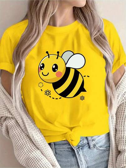Camiseta de Manga Corta con Estampado de Abeja, Casual para Mujer, Vacaciones, Cuello Redondo, Primavera y Verano, Lavable a Máquina, Nueva Ropa de Mujer, Versátil y Moderna, Talla S