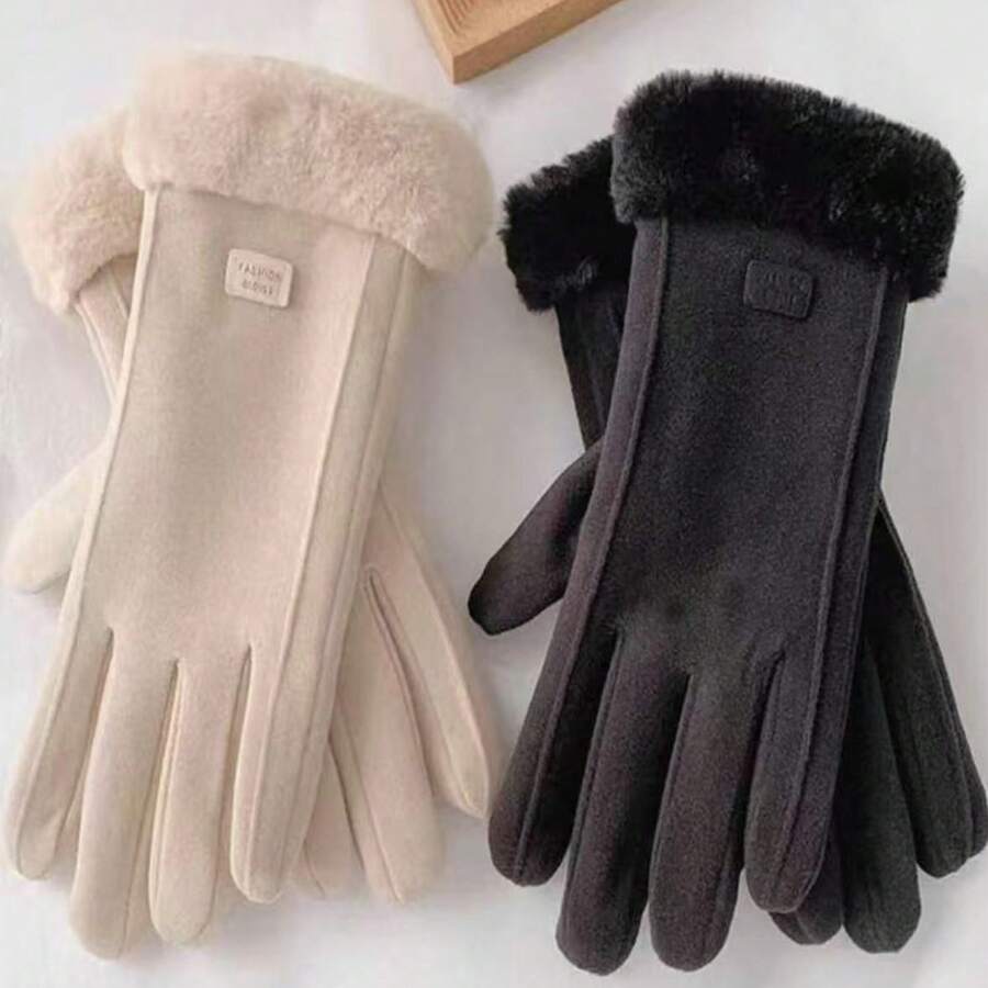 2 pares de guantes acolchados y gruesos, resistentes al viento y cálidos, guantes táctiles para mujer con estilo estudiantil adorable para otoño e invierno, para montar y uso diario - Beige + Negro - Ver 1