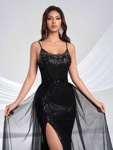 YISIKADO Đầm dạ hội nữ đính sequin và đá quý, xẻ cao đến đùi, dây mảnh, thích hợp cho các buổi dạ tiệc, đám cưới, lễ hội. - màu đen - Xem 7