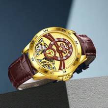 Reloj de hombre ONOLA de diseño de lujo casual con caja dorada, correa de cuero marrón, reloj mecánico de esqueleto de marca de lujo con doble rueda volante en el dial