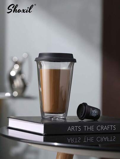shoxil 1pc 350ml Double Walled Glass Coffee Mugs With Silicone Lids, Insulated Drinking Reusable Coffee Cup Hot/Cold Drink For Morning