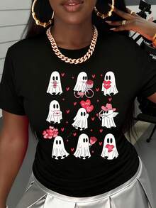 Cute Ghost Valentine T Shirt  Cartoon Ghosts With Hearts And Love Messages For Valentine's Day - màu đen - Xem 2