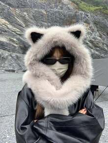 1pc Stylish Faux Fur Fox Ear Neck Warmer Hat, Women Winter Warm Windproof Trapper Hat, Ski Cap - 灰色圍巾- - 查看 4