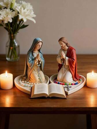 圣母玛利亚祈祷雕像（1件），宗教家居装饰雕像，适用于灵性祭坛和祈祷空间，精美天主教艺术雕塑，带底座托盘，虔诚的信徒装饰，非常适合日常冥想，是寻求平静、信仰和虔诚的信徒的理想礼物。