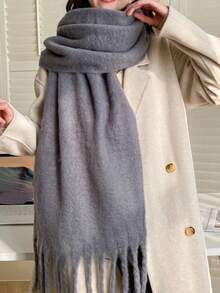 1pc Unisex Thick Solid Color Scarf, High-End Warm Fringed Long Scarf, Thick Warm Scarf Collar, Suitable For Spring, Autumn, Winter, Cold Weather, Casual Travel, Shopping And Daily Use