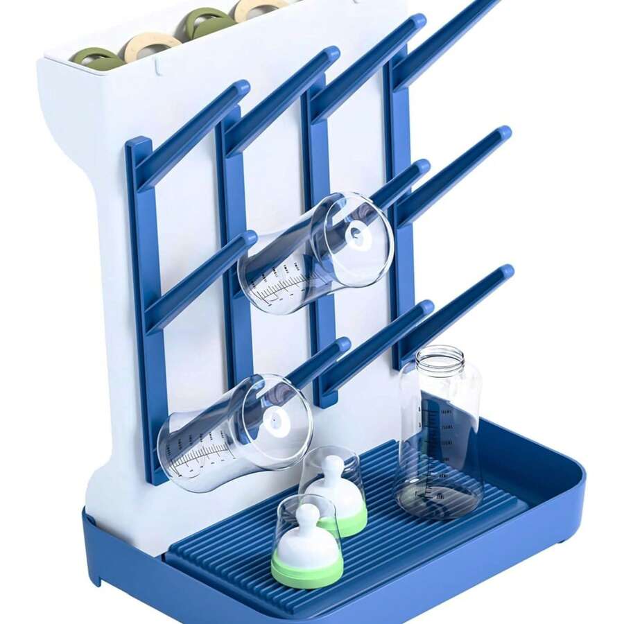 Baby Bottle Drying Rack Saves Space, Large Vertical Baby Bottle Storage Box And Drying Rack, Can Hold 12 8-Ounce Bottles And Baby Accessories, Breast Pump Parts, Pacifiers, Or Brush Rack - Blue - View 1