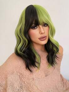 合成耐热假发，多色短发假发，12 英尺长，纤维材质，适合日常佩戴，自然仿发假发。 - 挑染綠色 - 查看 5