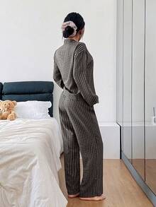 2pcs Women Plaid Button Front Long Sleeve Pajama Set - Cute Top And Elastic Waist Pants Homewear,Valentine's Day - Grey - View 5