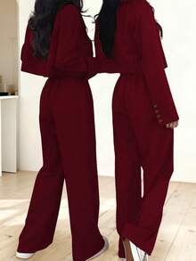 女式轻盈时尚休闲通勤纯色短款长袖西装外套和裤子两件套