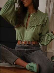 Women's Comfortable Casual Elegant Office Commute Minimalist Design Long Sleeve Blouse, Autumn Spring - Green - View 6