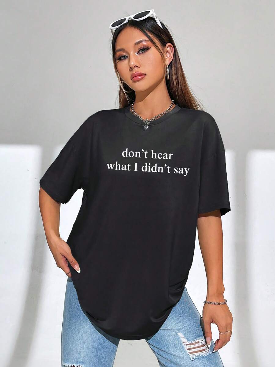 女款夏季《听不见我没说的话》图形印花圆领短袖简约休闲日常T恤上衣，自闭症女性上衣，女士夏季服装，夏季上衣 - 黑色 - 查看 1