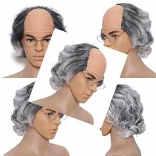 Short Curly Old Man Bald Cap Wig Mad Gray Scientist Synthetic Balding Halloween Anime Cosplay Costume Wigs Grey - 灰色 - 查看 1