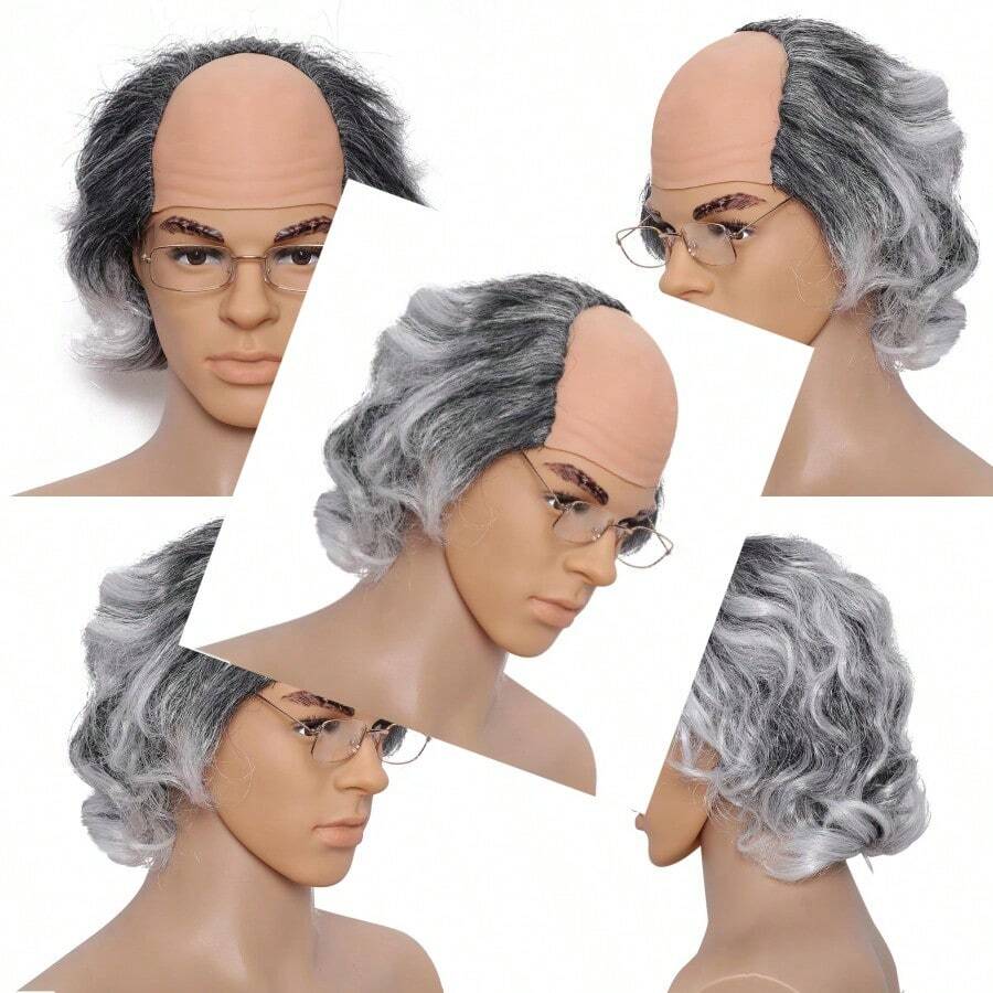 Short Curly Old Man Bald Cap Wig Mad Gray Scientist Synthetic Balding Halloween Anime Cosplay Costume Wigs Grey - 灰色 - 查看 1